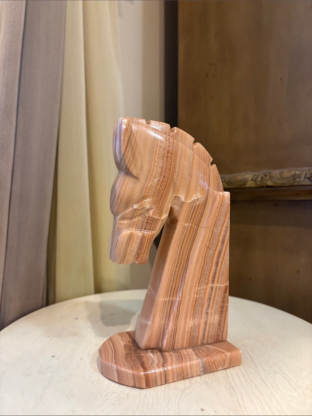 Hand-Carved Striped Orange Onyx Horse Head Sculpture - Home Art Decor